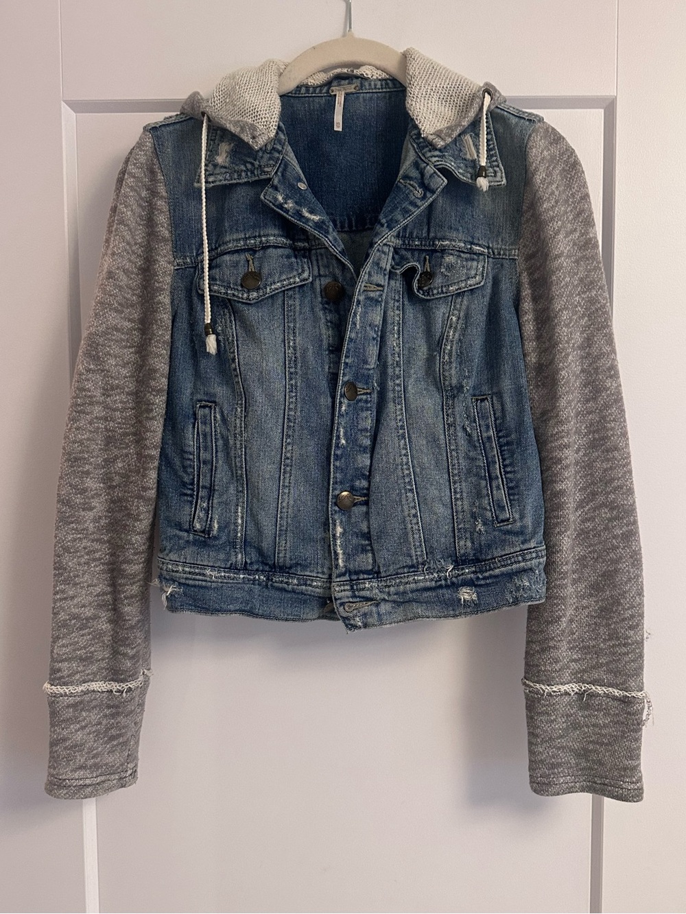 Free People Blue Denim Jacket with Gray Knit Hood & Sleeves